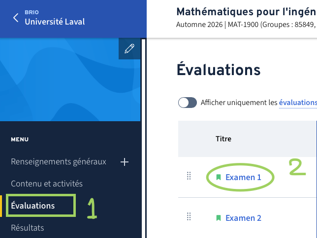 Menu Évaluations de Brio et liste des évaluations