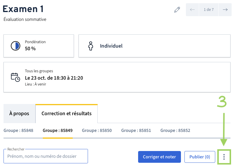 Onglet Correction et résultats et menu de trois points verticaux